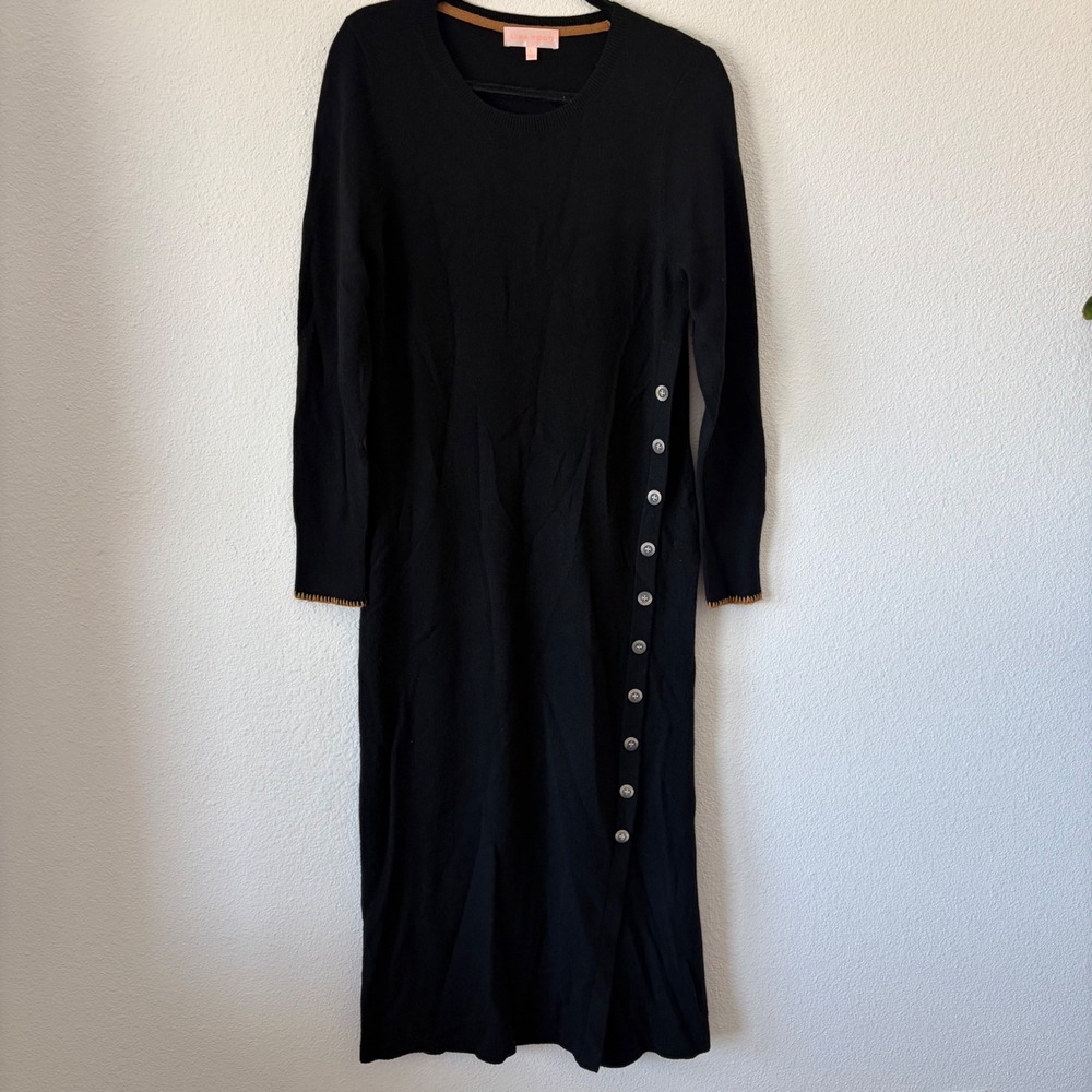 Lisa Todd Sweater Dress Womens Large Black 100% Cashmere Side Button Long Sleeve
